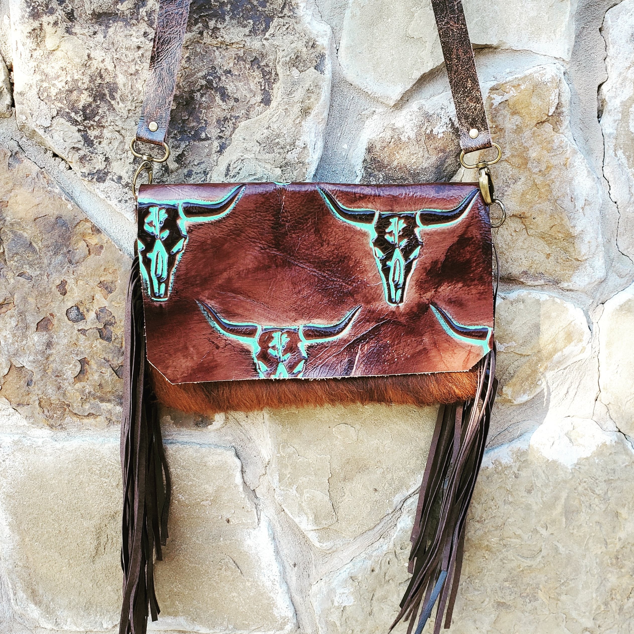 American Darling Hair on Hide with Turquoise Stone and Fringe