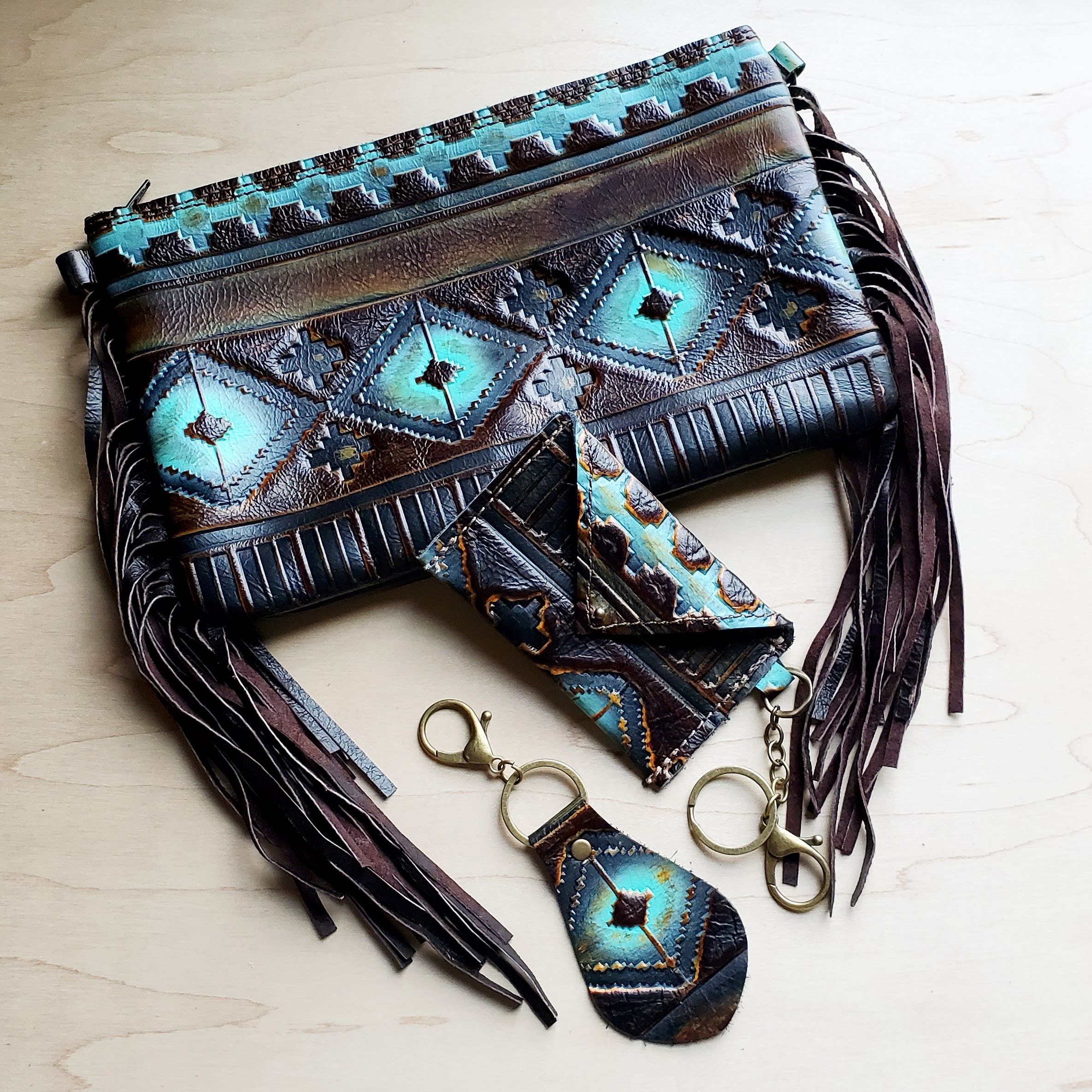 Feather Leather Handbag charm, painted art native southwestern leather bag  charm, boho feathers, painted resin horse charm
