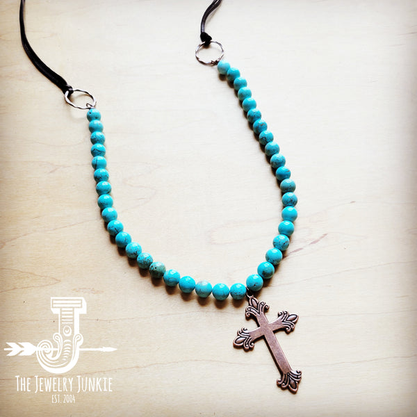 Frosted Magnesite Beaded Necklace w/ Copper Cross