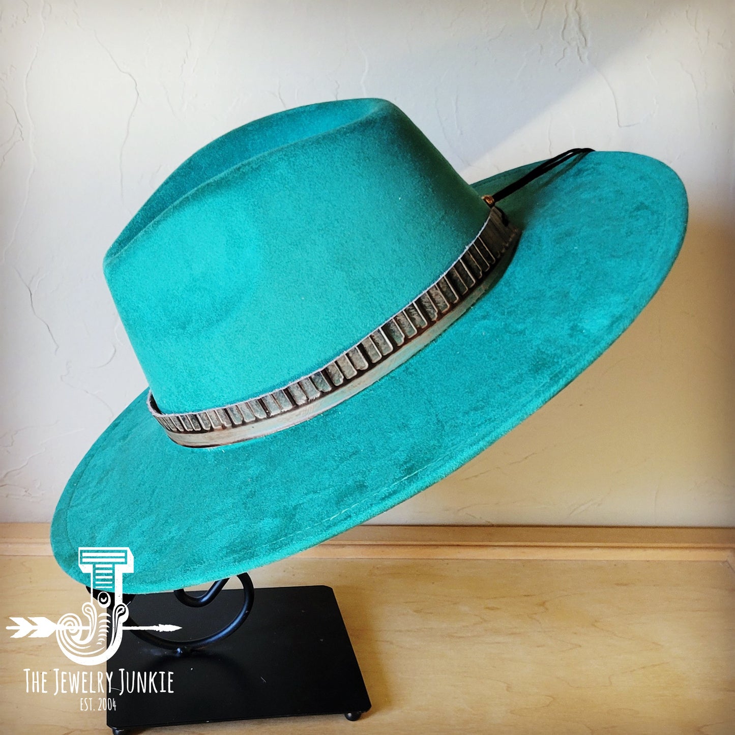 Boho Western hat with genuine leather hat band feathers and turquoise