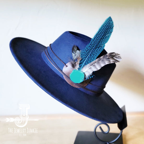 Boho Western hat with genuine leather hat band feathers and turquoise