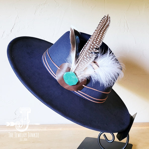 Boho Western hat with genuine leather hat band feathers and turquoise