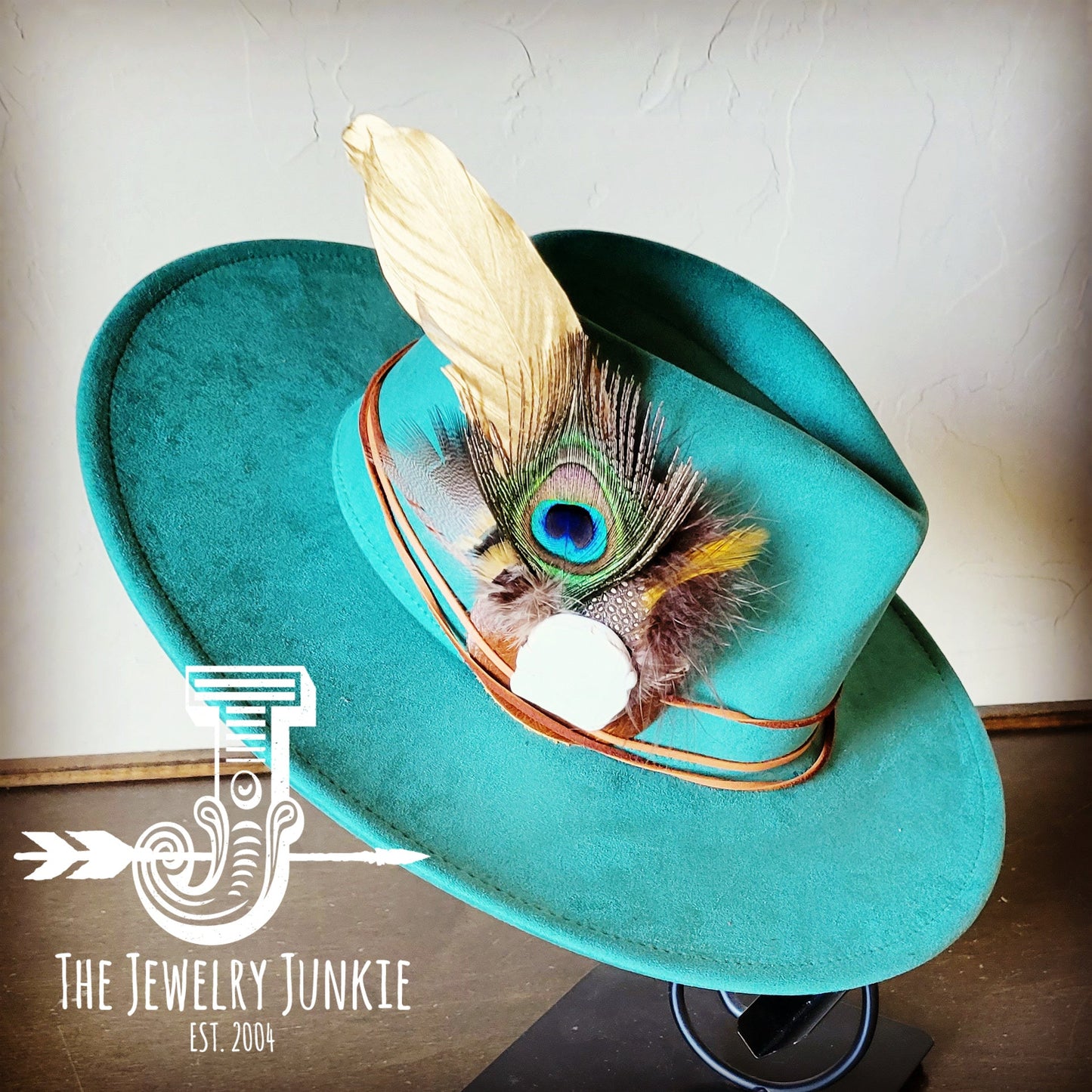 Boho Western hat with genuine leather hat band feathers and turquoise