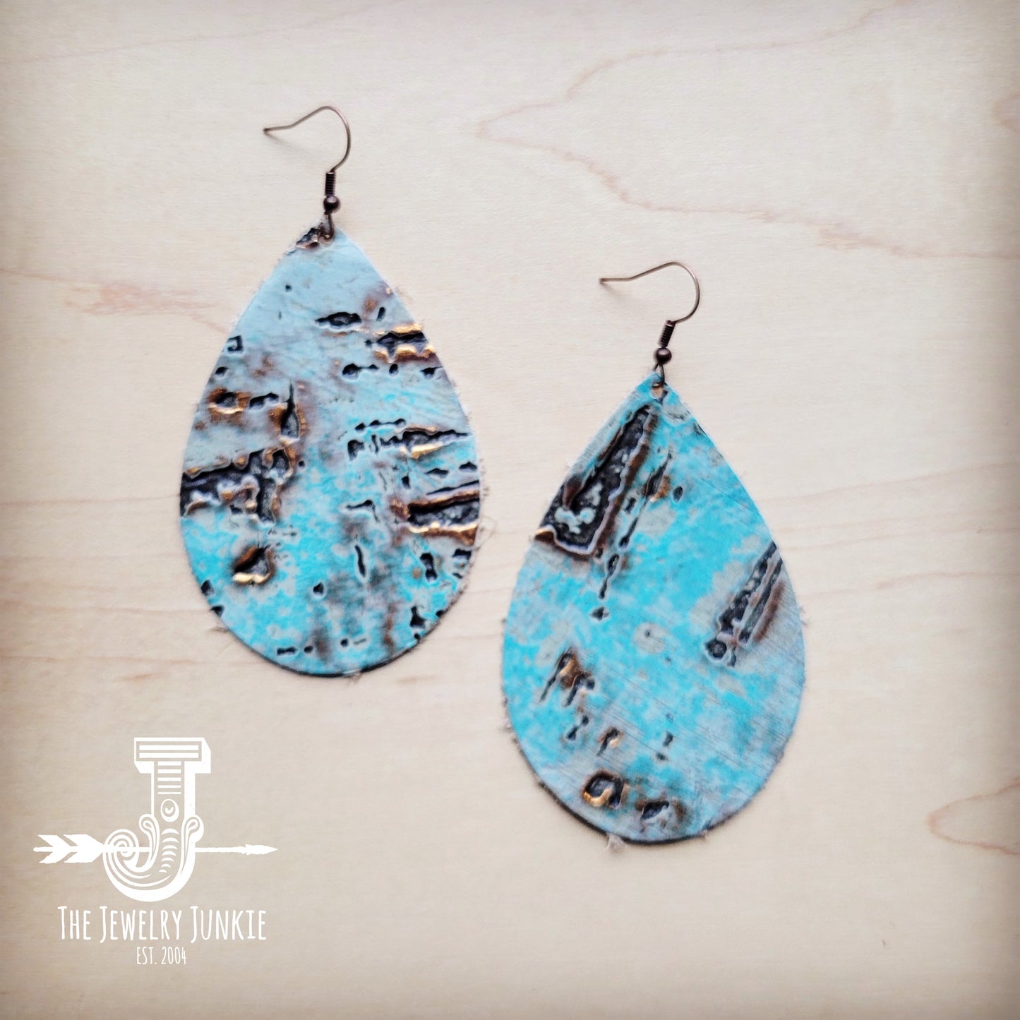 Leather Teardrop Earrings in Turquoise Metallic 222m