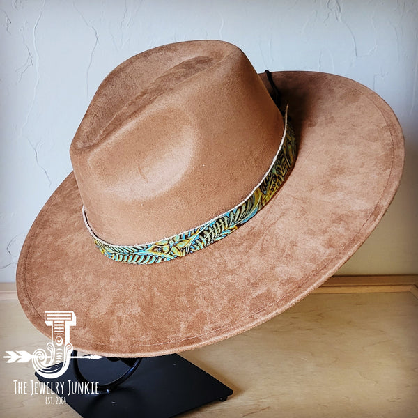 Boho Western hat with genuine leather hat band feathers and turquoise