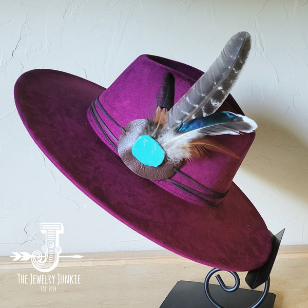 Boho Western hat with genuine leather hat band feathers and turquoise