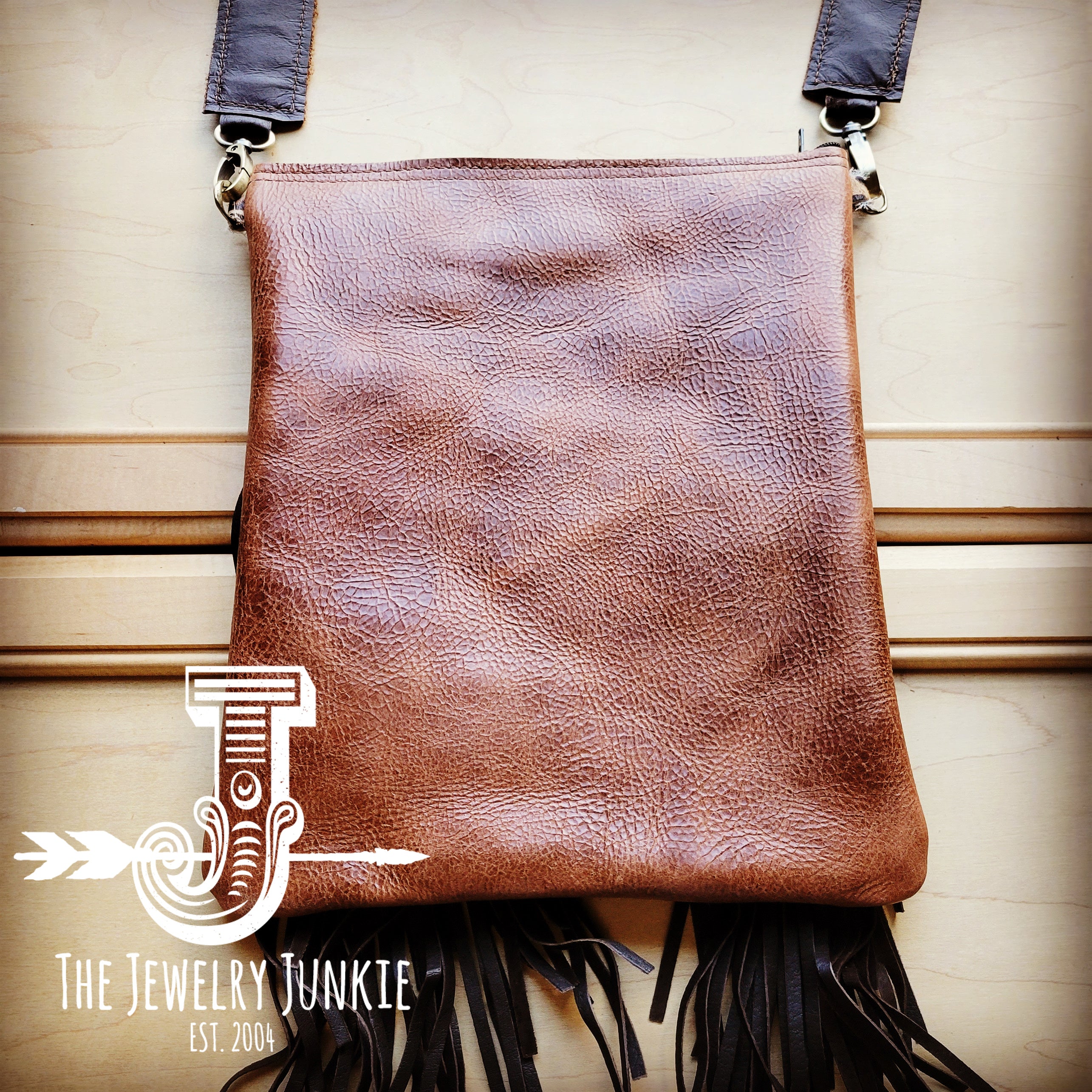 Tejas Leather Bucket Handbag with Brown Fringe & Turquoise Slabs