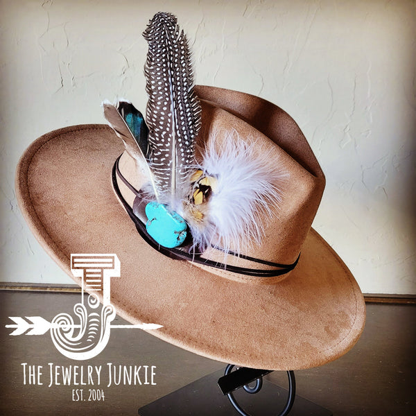 Boho Western hat with genuine leather hat band feathers and turquoise