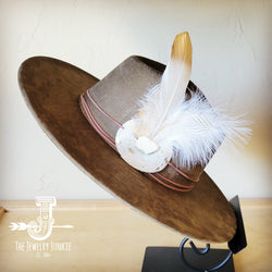 Boho Western hat with genuine leather hat band feathers and turquoise