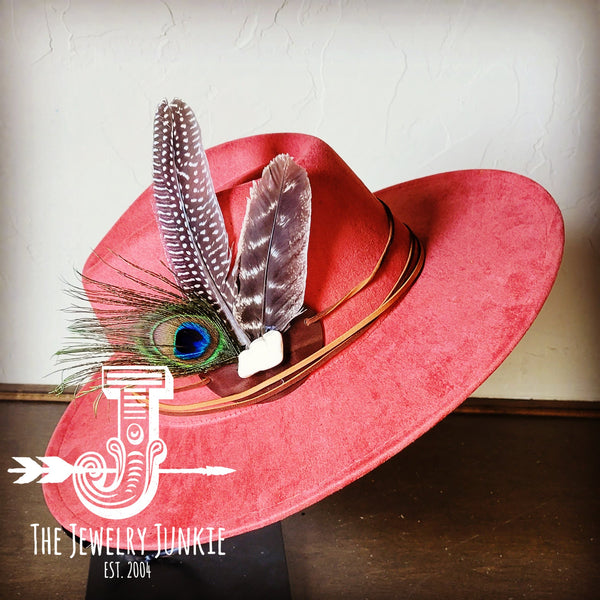 Boho Western hat with genuine leather hat band feathers and turquoise