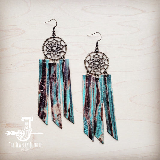 Dream Catcher Earrings w/ Leather Fringe Turquoise Chateau 200ab