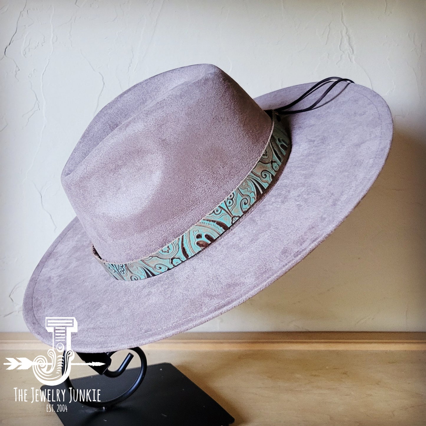 Boho Western hat with genuine leather hat band feathers and turquoise