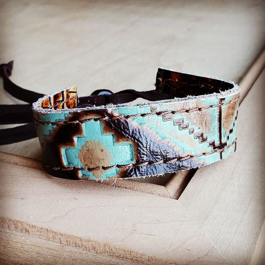 **Narrow Genuine Leather Cuff in Turquoise Navajo 001oa