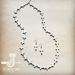 White Turquoise & Wood Beaded Cross Necklace