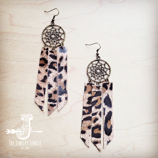 Dream Catcher Earrings w/ Leather Fringe Leopard 200a