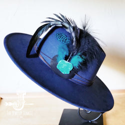 Boho Western hat with genuine leather hat band feathers and turquoise