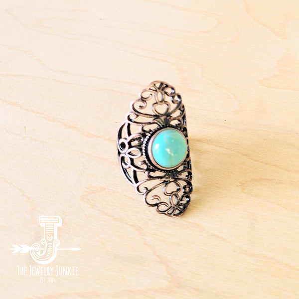 Blue Turquoise Ring in Antique Copper Filigree Setting 012d