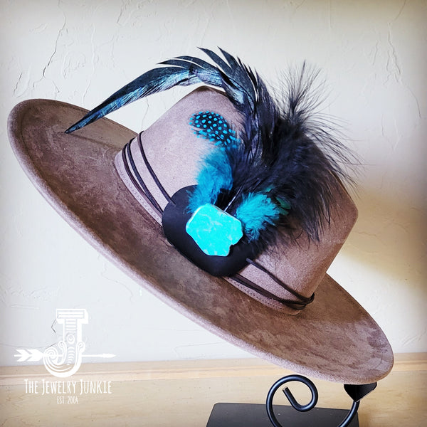 Boho Western hat with genuine leather hat band feathers and turquoise