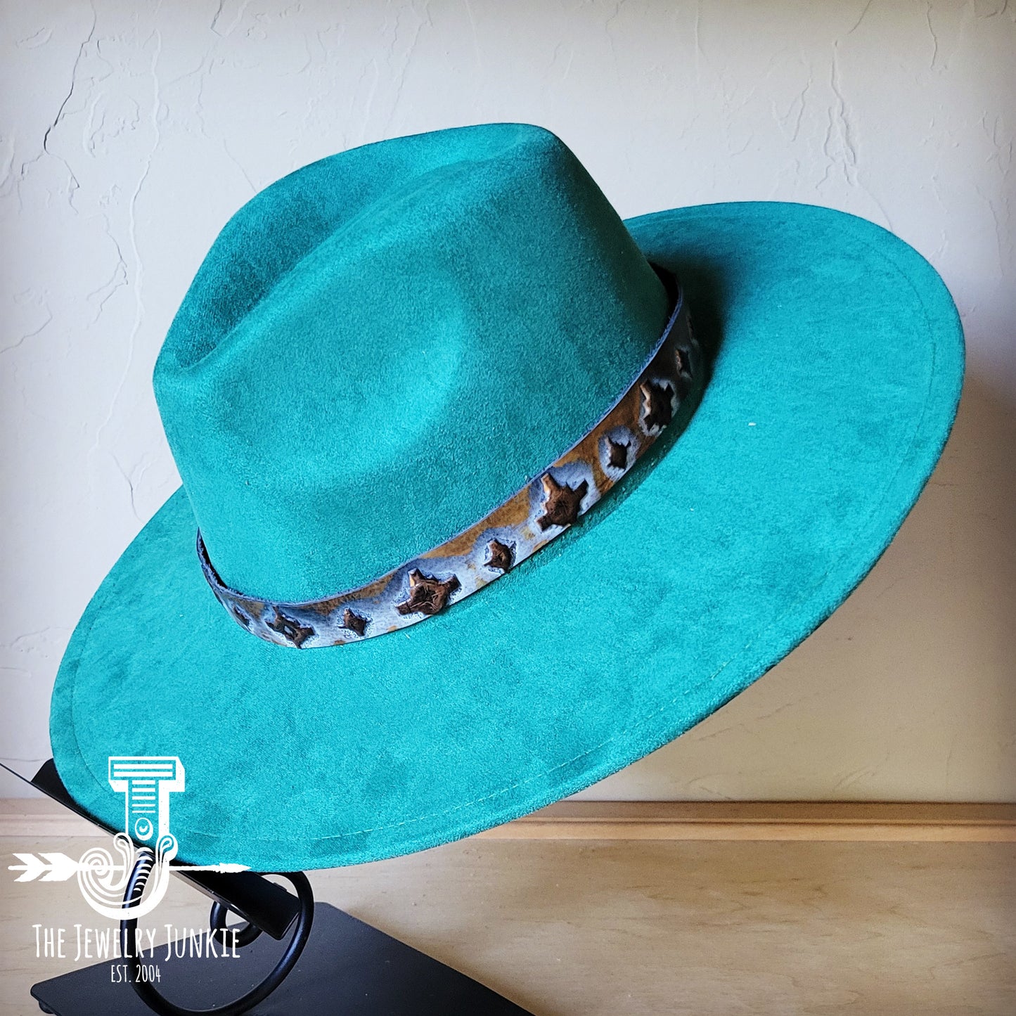 Boho Western hat with genuine leather hat band feathers and turquoise