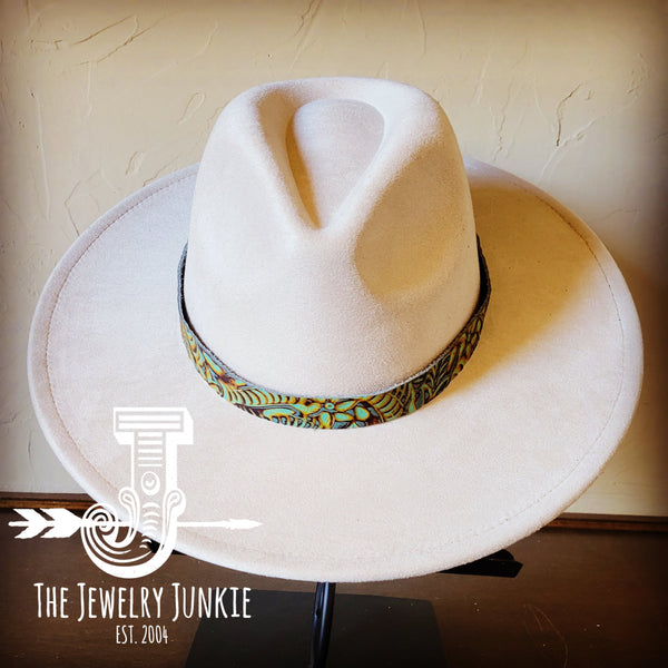 Boho Western hat with genuine leather hat band feathers and turquoise