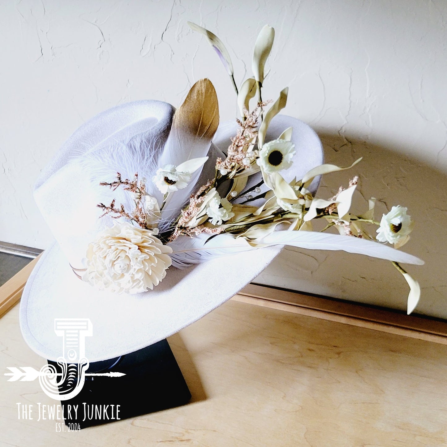 Boho Western Wedding Floral & Feather Bridal Hat in Bone 984h