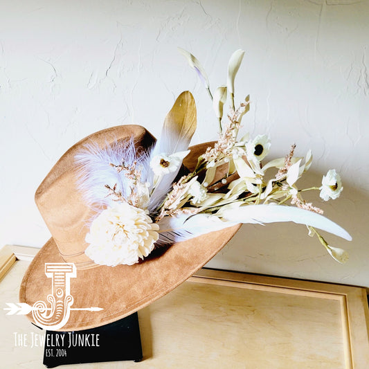 Boho Western Wedding Floral & Feather Bridal Hat in Tan 984k