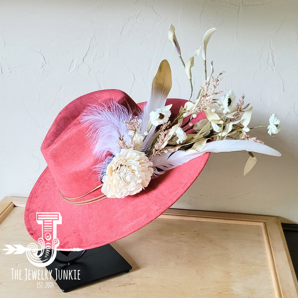 Boho Western Wedding Floral & Feather Bridal Hat in Rust 984i