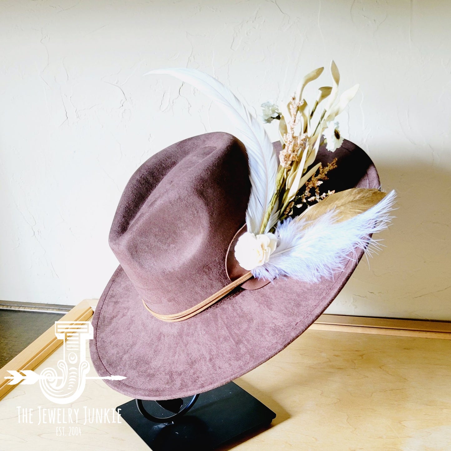 Boho Western Wedding Floral & Feather Bridsmaid Hat in Brown 984n