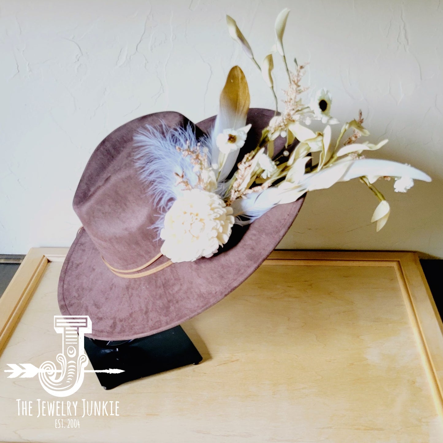 Boho Western Wedding Floral & Feather Bridal Hat in Brown 984m