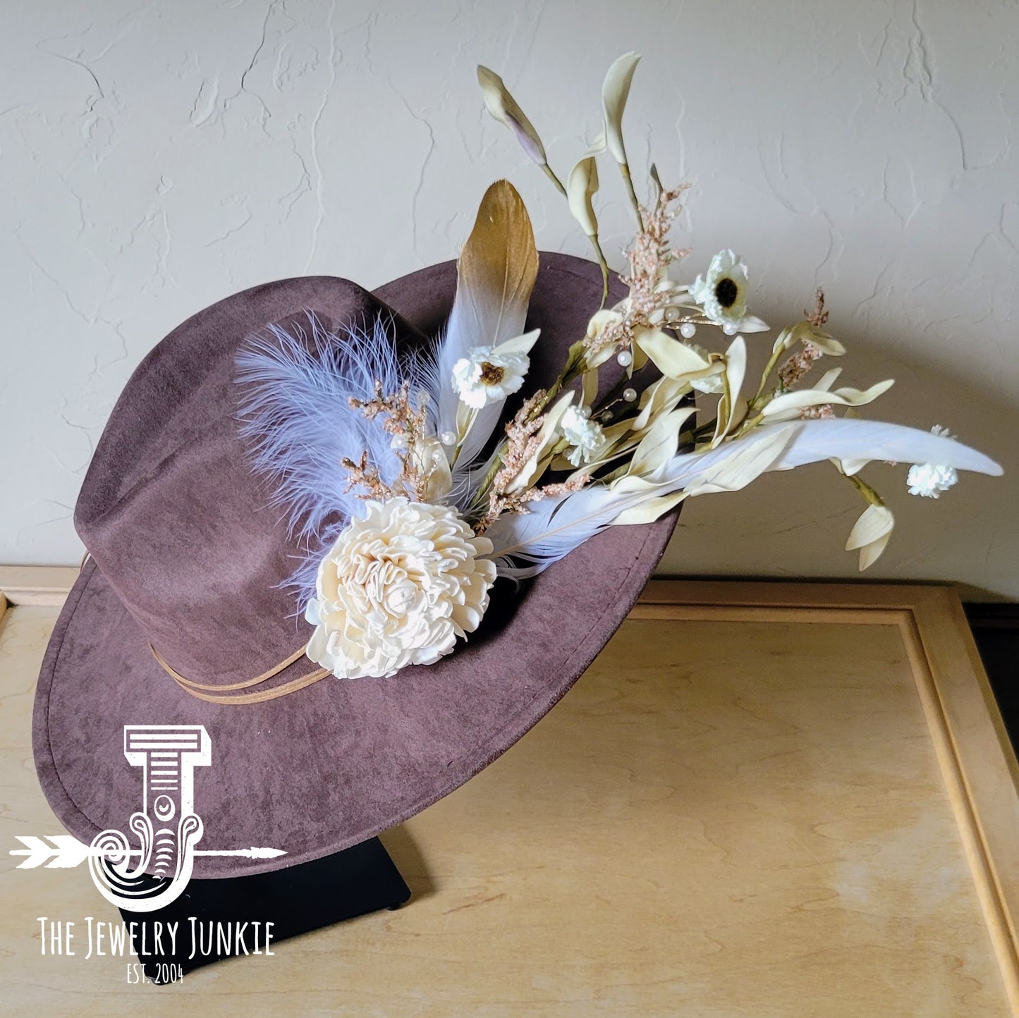 Boho Western Wedding Floral & Feather Bridal Hat in Brown 984m