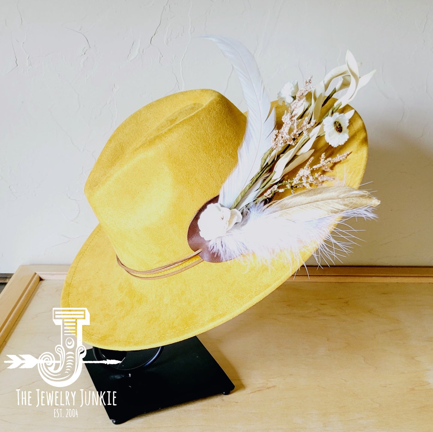 Boho Western Wedding Floral & Feather Bridsmaid Hat in Mustard 984s