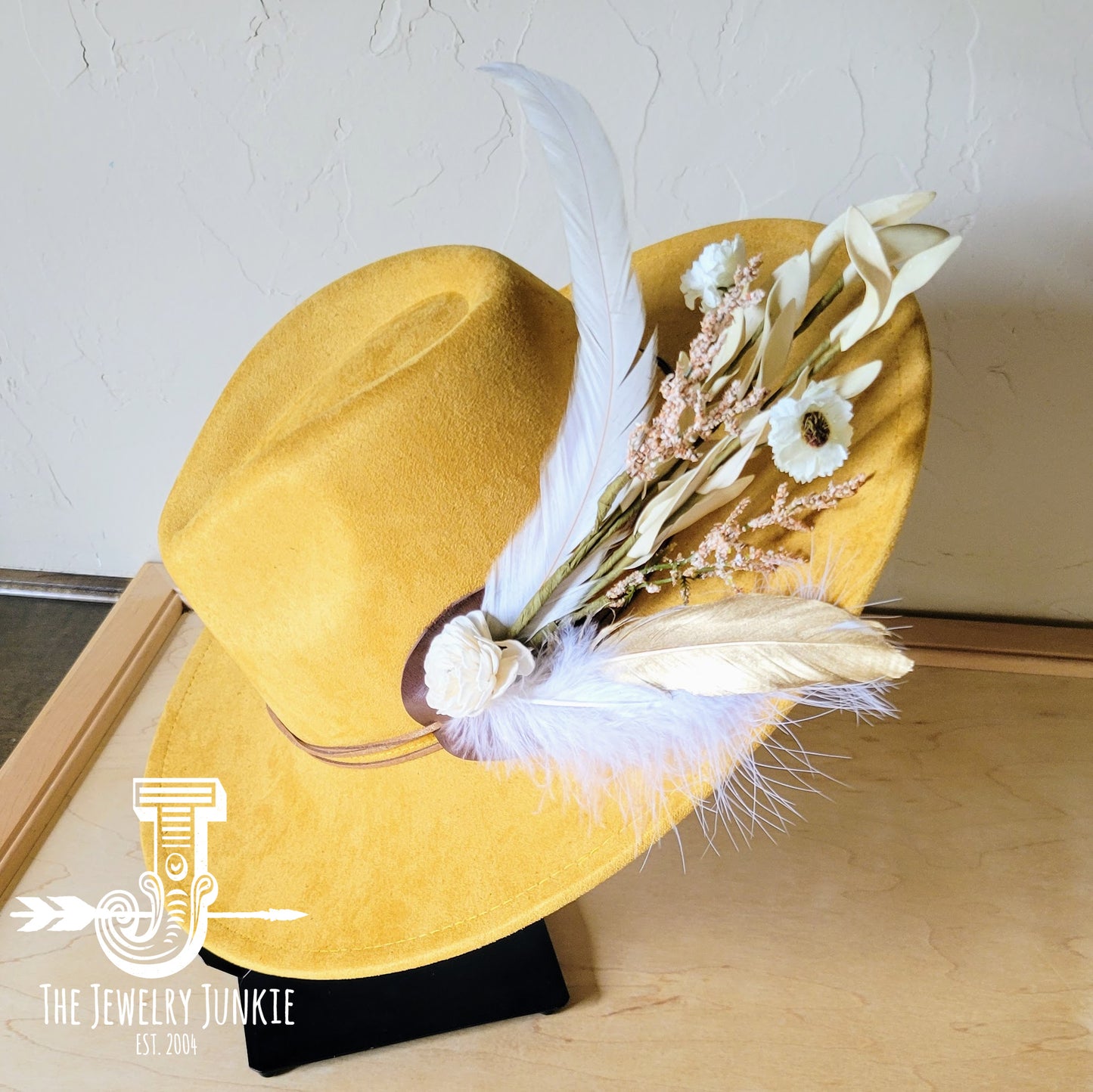 Boho Western Wedding Floral & Feather Bridsmaid Hat in Mustard 984s