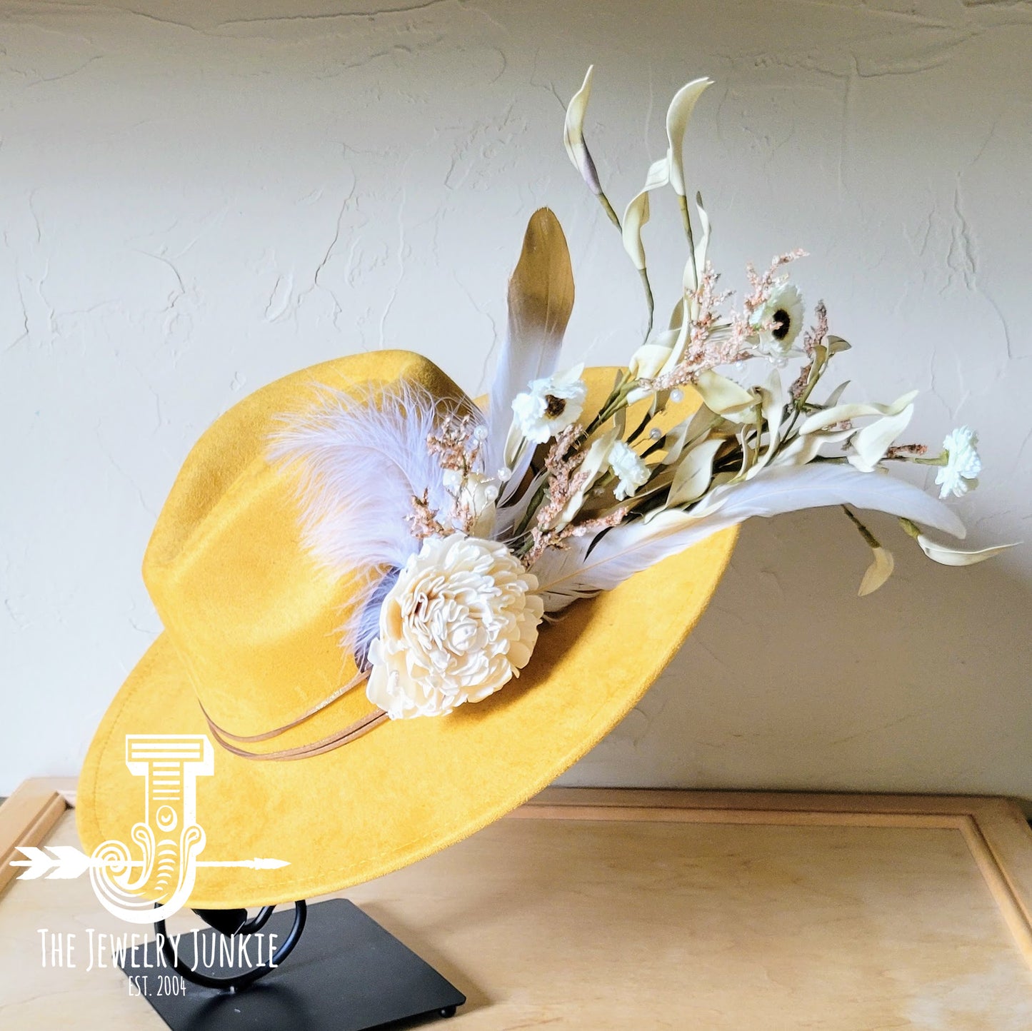 Boho Western Wedding Floral & Feather Bridal Hat in Mustard 984L