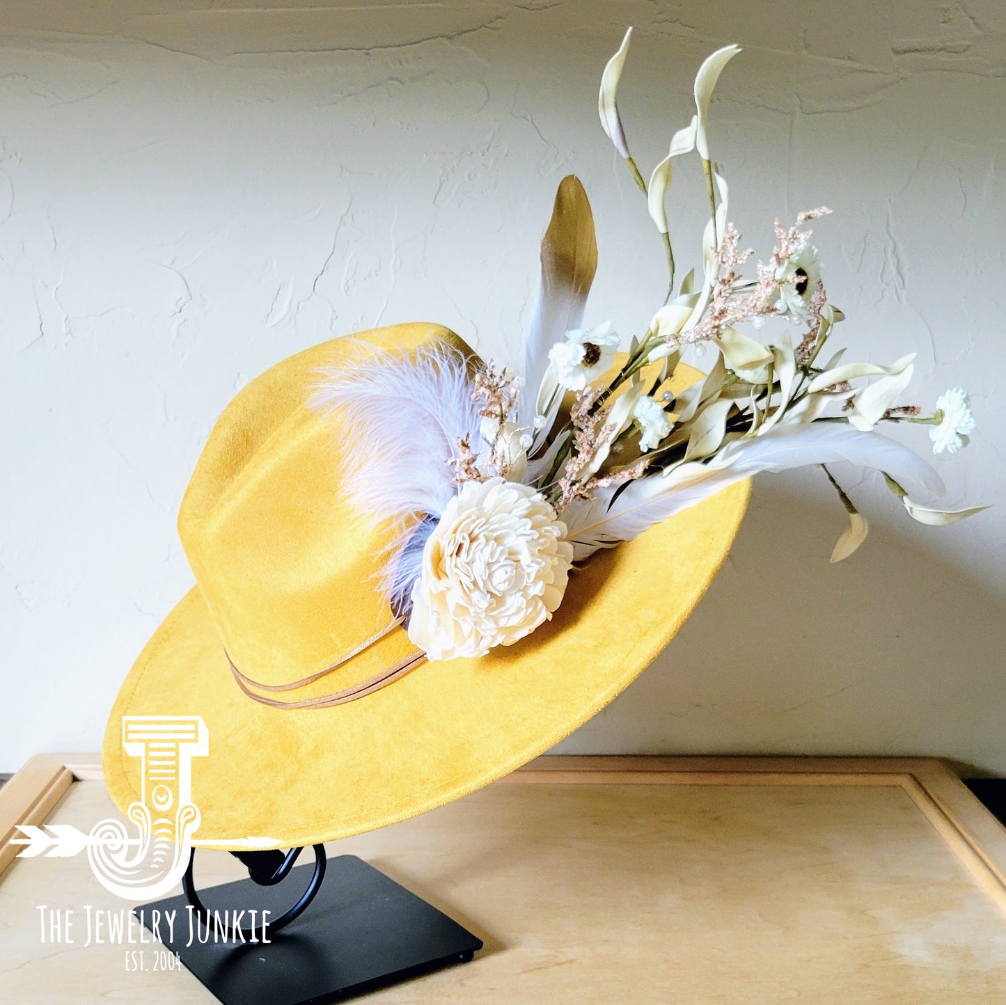 Boho Western Wedding Floral & Feather Bridal Hat in Mustard 984L