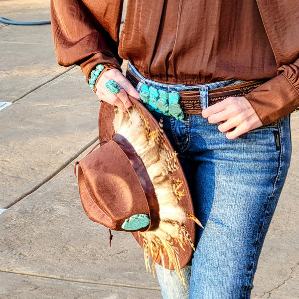 CUSTOM Feather & Turquoise Cowgirl Western Boho Hat A64