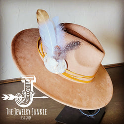 Boho Western hat with genuine leather hat band feathers and turquoise