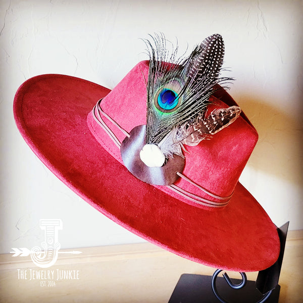 Boho Western hat with genuine leather hat band feathers and turquoise