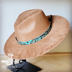 Boho Western hat with genuine leather hat band feathers and turquoise