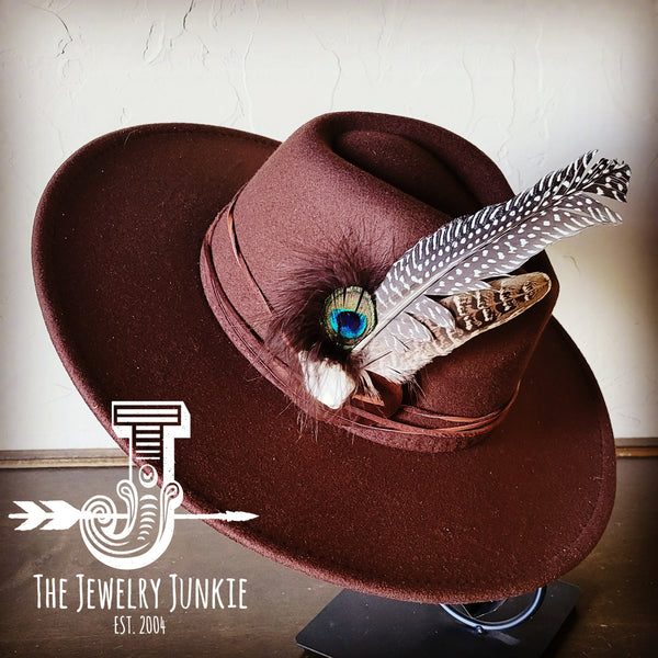 Boho Western hat with genuine leather hat band feathers and turquoise