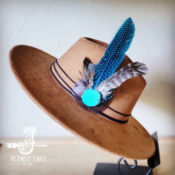 Boho Western hat with genuine leather hat band feathers and turquoise