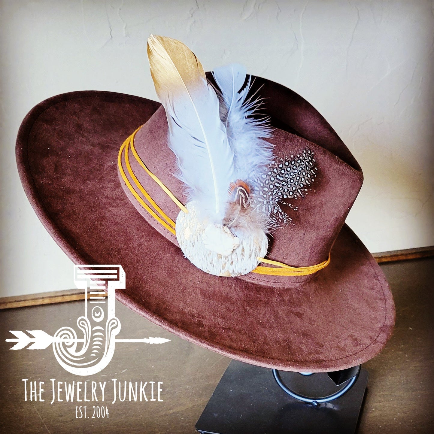 Boho Western hat with genuine leather hat band feathers and turquoise