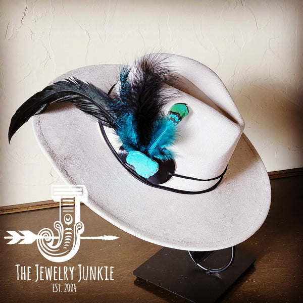 Boho Western hat with genuine leather hat band feathers and turquoise