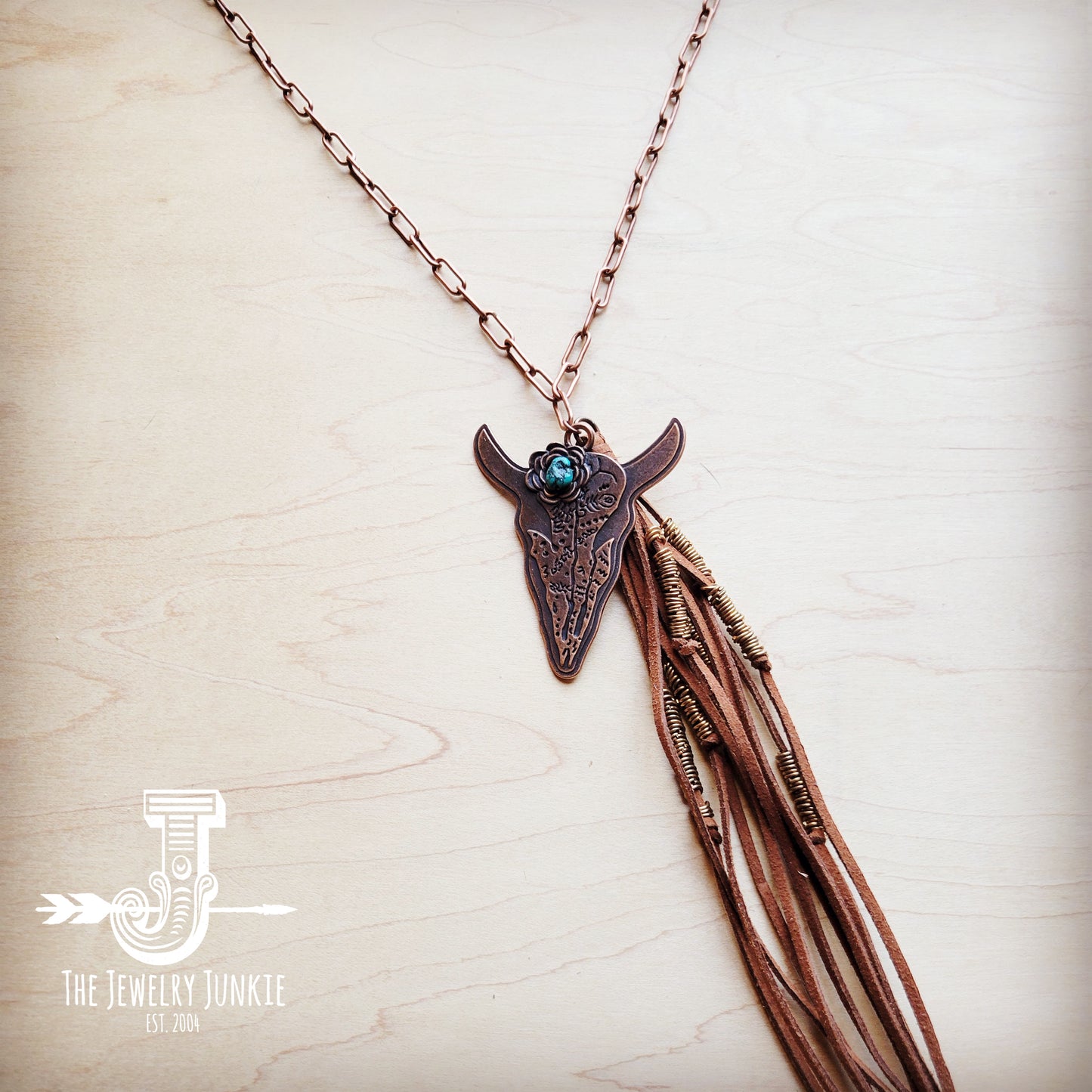 Long Copper Necklace w/ Bull Skull Pendant & Tassel 258kd