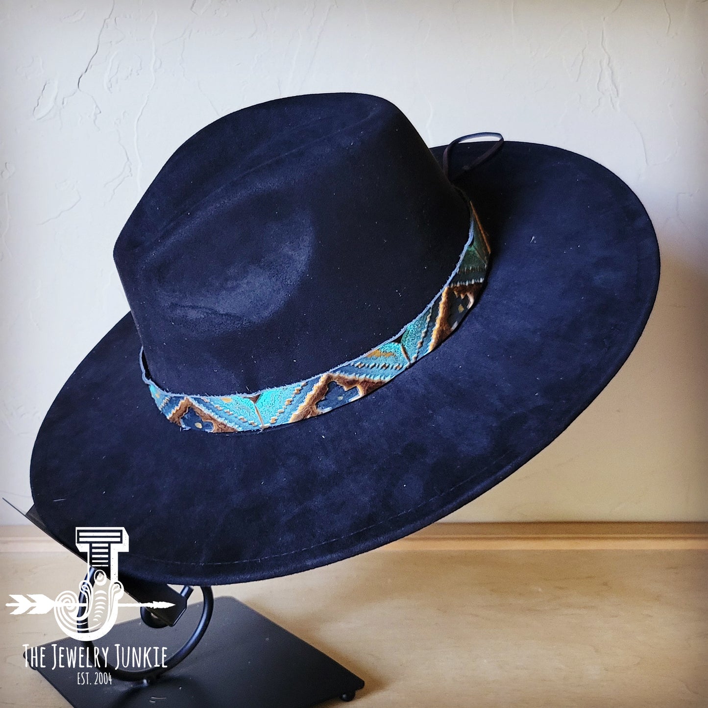 Boho Western hat with genuine leather hat band feathers and turquoise