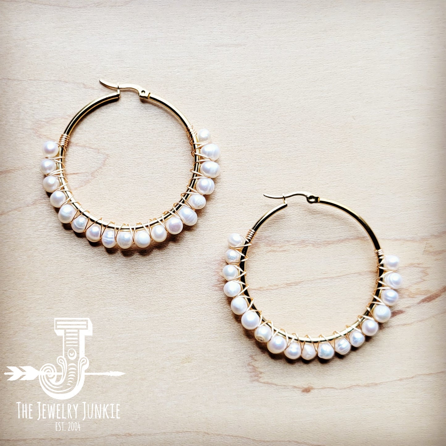 Wire Wrapped Freshwater Pearl Beaded Hoop Earrings