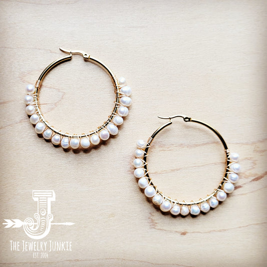 Wire Wrapped Freshwater Pearl Beaded Hoop Earrings