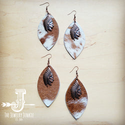 Tan & White Leather Hide Earrings w/ Indian