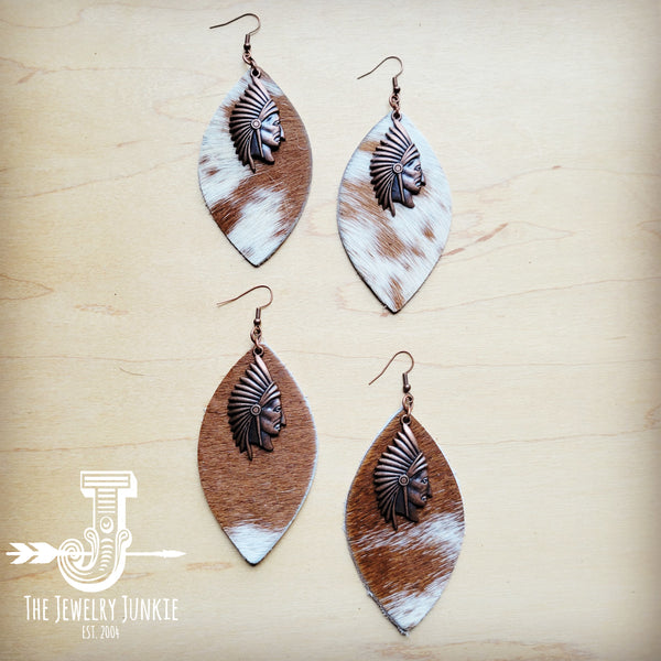 Tan & White Leather Hide Earrings w/ Indian