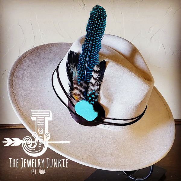 Boho Western hat with genuine leather hat band feathers and turquoise