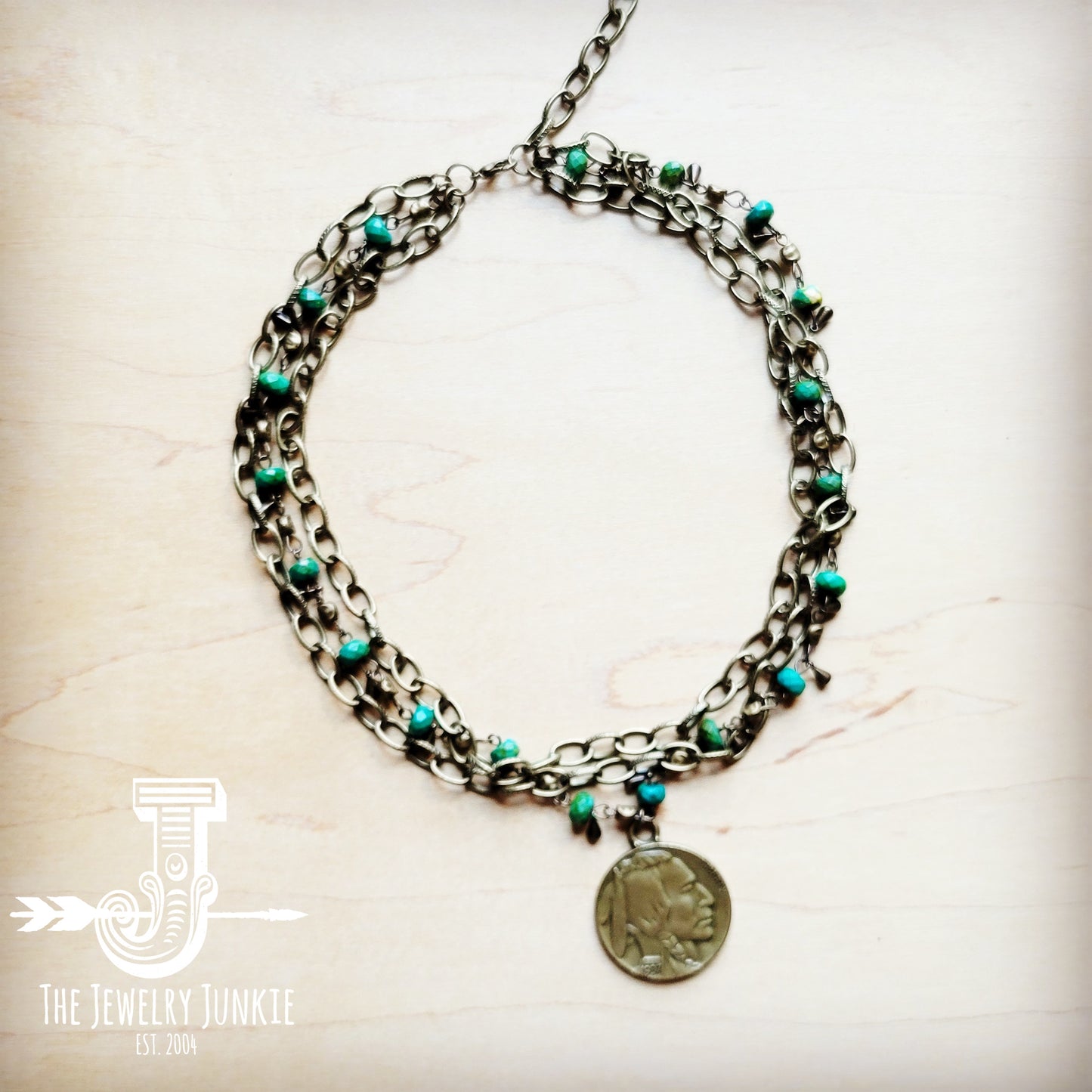 Green Jasper Collar-length Necklace w/ Indian Coin